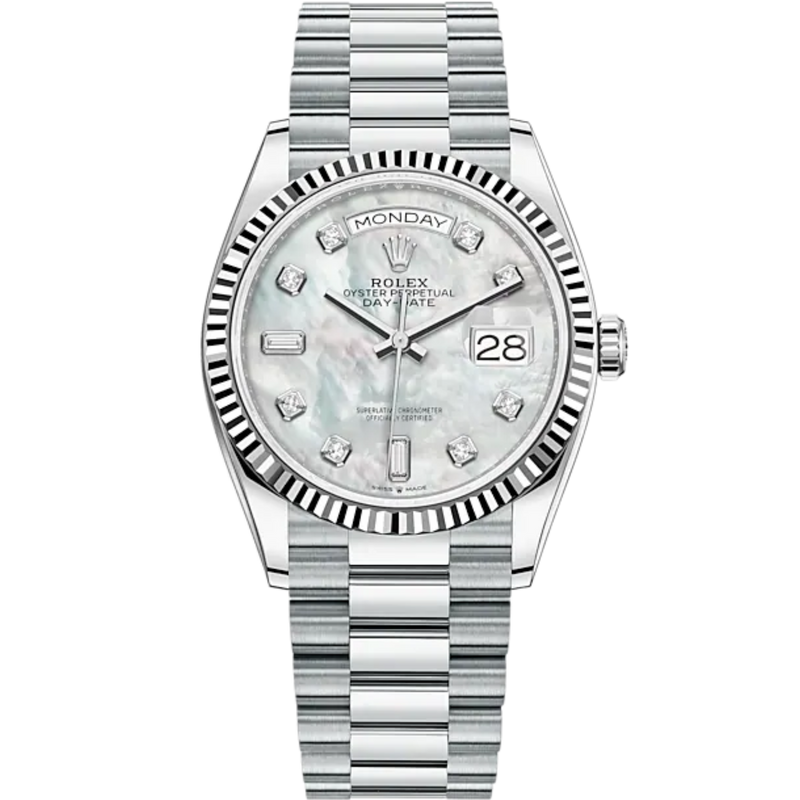 Day-Date 36 36mm President Bracelet and 18 KT White Gold with White Mother-of-Pearl Diamond-Set Dial Fluted Bezel - Rolex