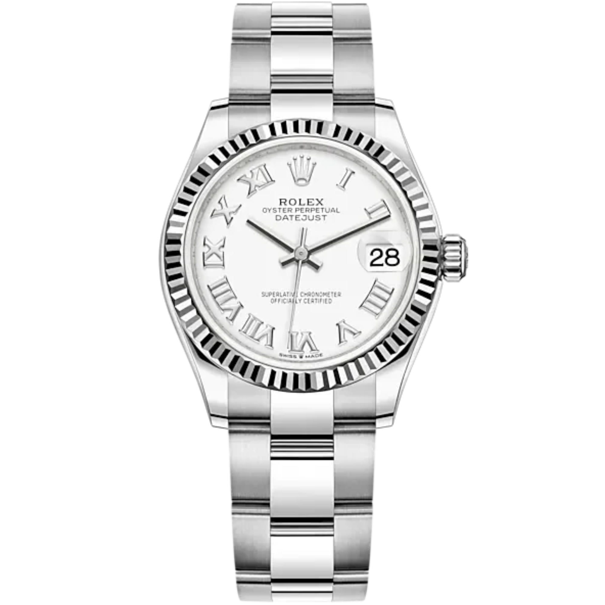 Datejust 31 31mm Oyster Bracelet Oystersteel and White Gold with White Dial Fluted Bezel - Rolex
