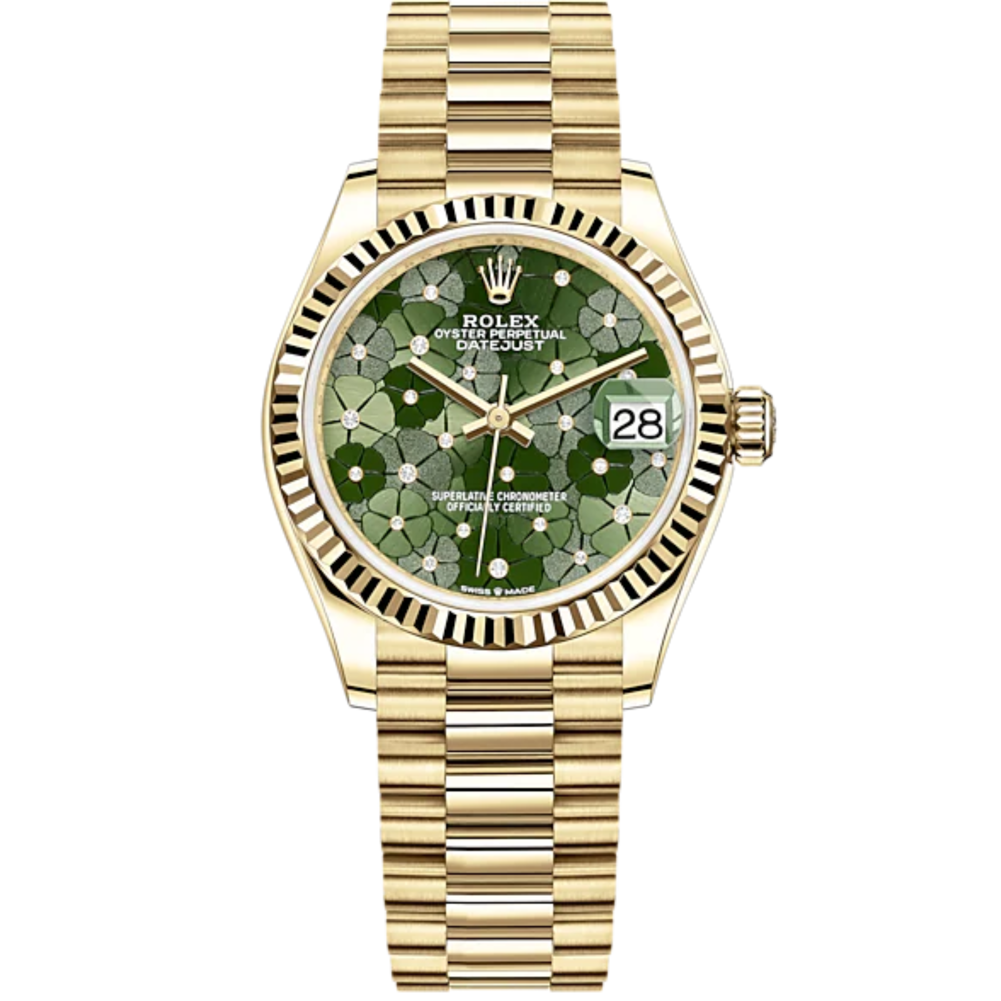 Datejust 31 31mm President Bracelet and Yellow Gold with Olive-Green Floral-Motif Diamond-Set Fluted Bezel - Rolex