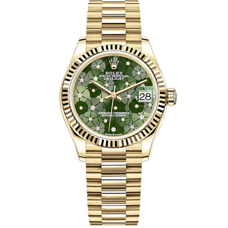 Datejust 31 31mm President Bracelet and Yellow Gold with Olive-Green Floral-Motif Diamond-Set Fluted Bezel - Rolex
