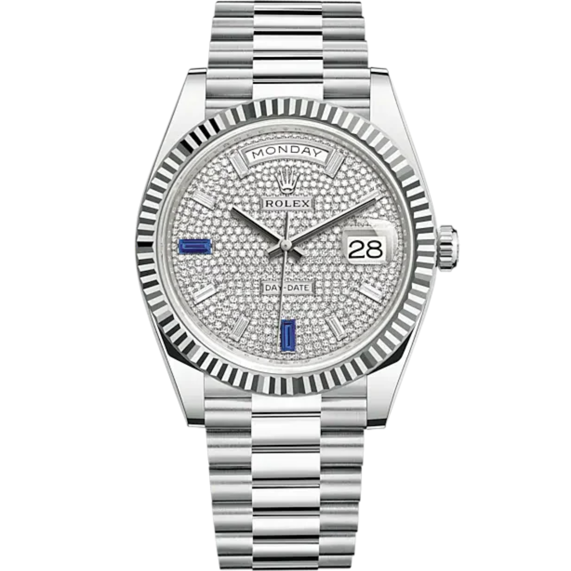 Day-Date 40 40mm President Bracelet and 18 KT White Gold with Diamond-Paved Dial and Fluted Bezel - Rolex