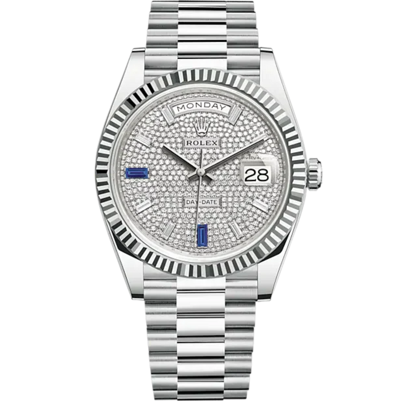Day-Date 40 40mm President Bracelet and 18 KT White Gold with Diamond-Paved Dial and Fluted Bezel - Rolex
