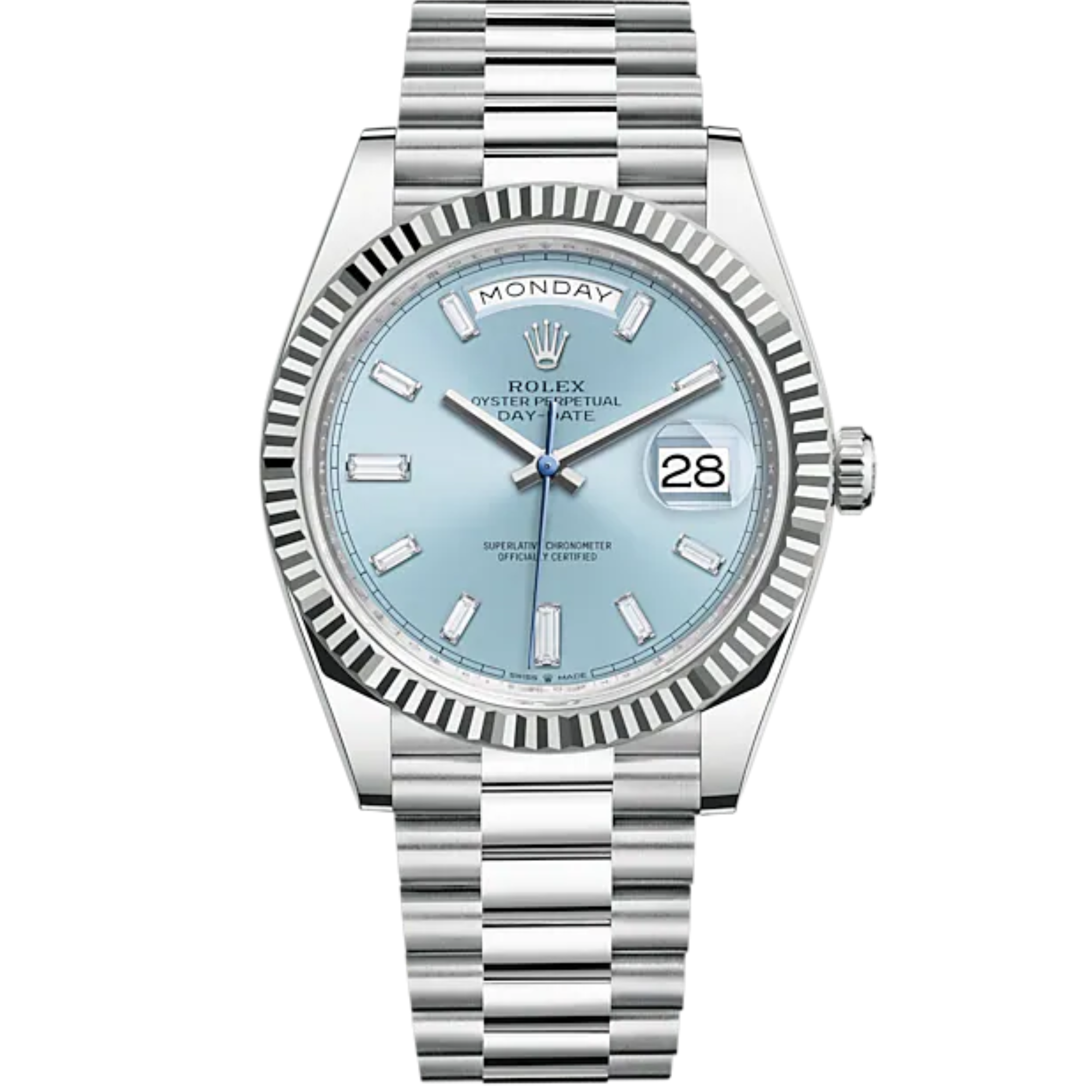 Rolex Day Date Ref. 228236 40mm Platinum Ice Blue Dial with Baguette Marker - Rolex