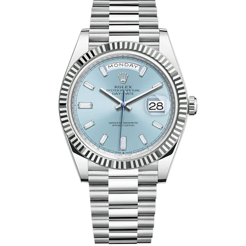 Day-Date 40 40mm President Bracelet and Platinum with Ice-Blue Diamond-Set Dial Fluted Bezel - Rolex