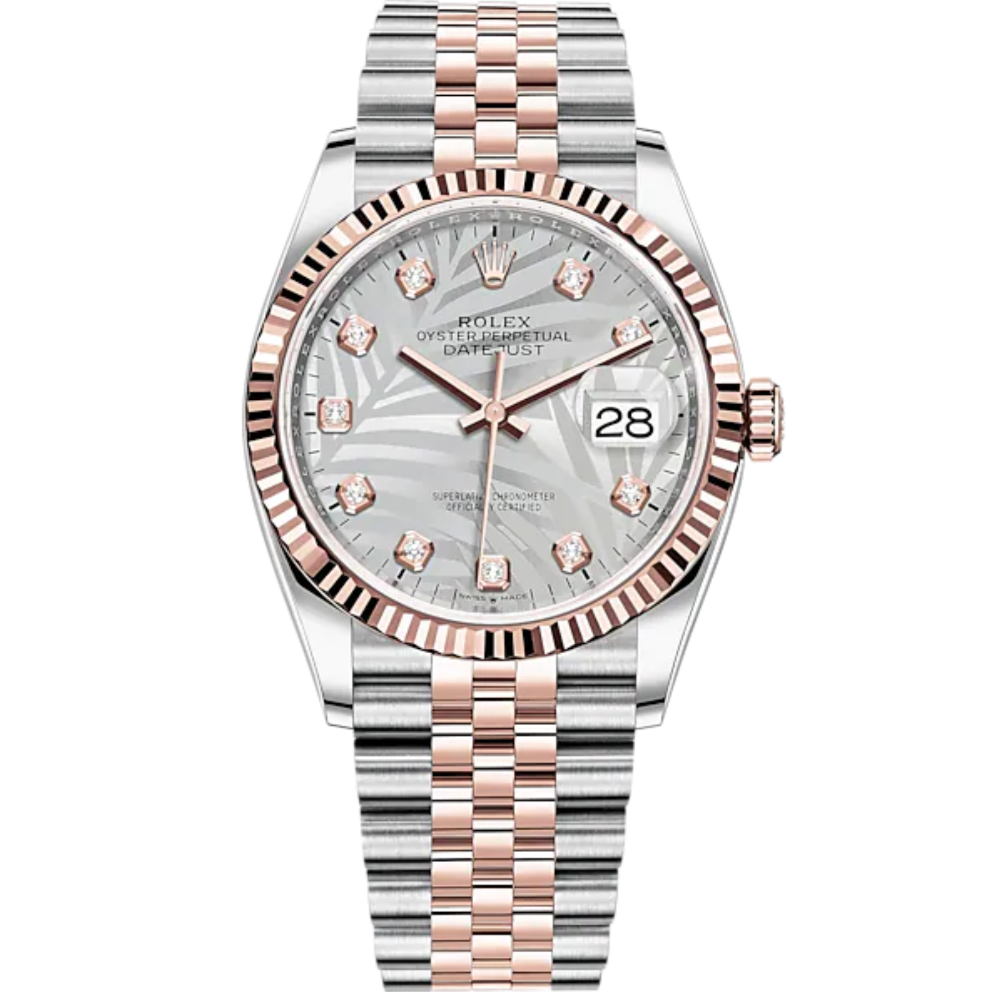 Datejust 36 36mm Oystersteel Everose Gold Jubilee Bracelet Silver Palm-Motif Diamond-set Dial Fluted Bezel - Rolex