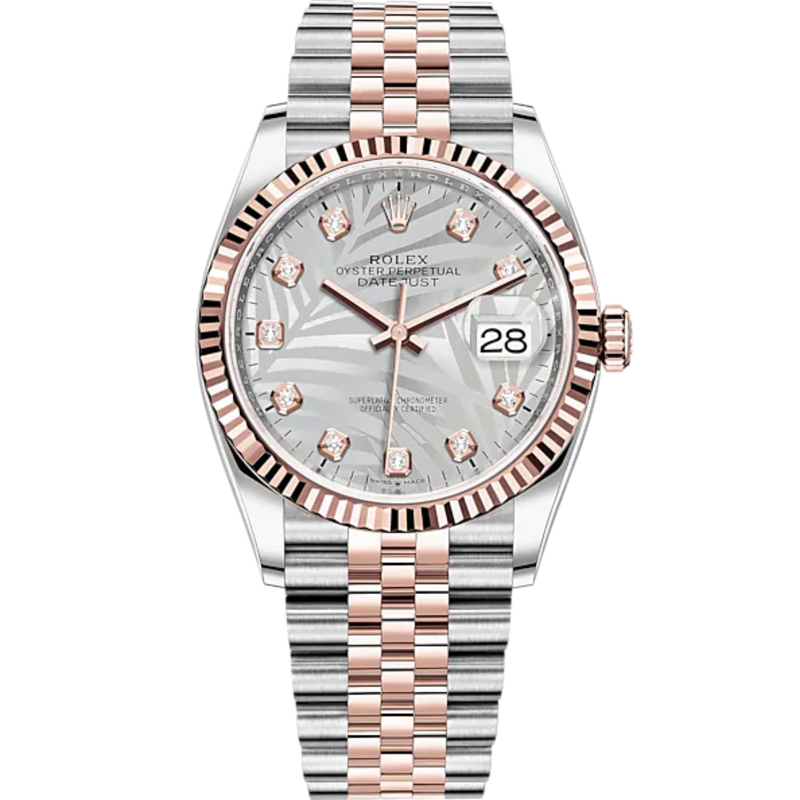 Datejust 36 36mm Oystersteel Everose Gold Jubilee Bracelet Silver Palm-Motif Diamond-set Dial Fluted Bezel - Rolex