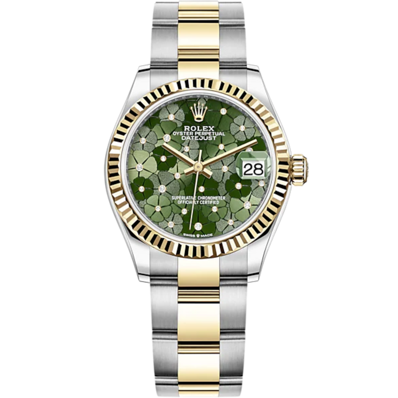 Datejust 31 31mm Oyster Bracelet Oystersteel and Yellow Gold with Olive-Green Floral-Motif Diamond-Set Dial Fluted Bezel - Rolex