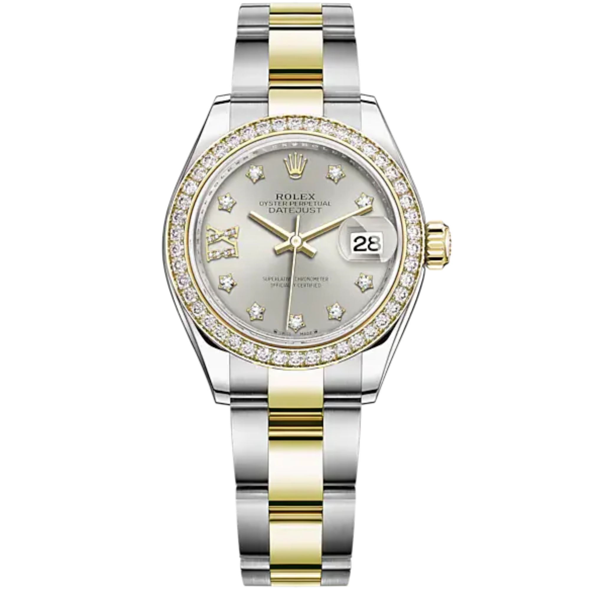 Lady-DateJust 28mm Oyster Oystersteel Bracelet and Yellow Gold with Silver Dial Diamond-Set Dial and Diamond-Set Bezel - Rolex