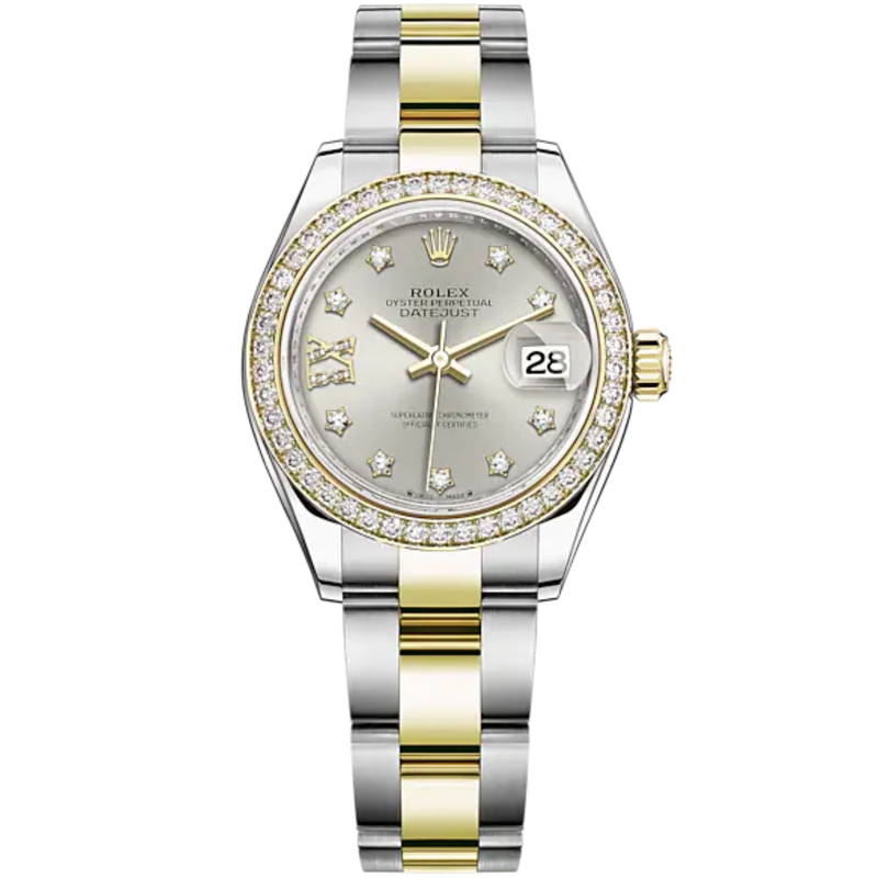 Lady-DateJust 28mm Oyster Oystersteel Bracelet and Yellow Gold with Silver Dial Diamond-Set Dial and Diamond-Set Bezel - Rolex