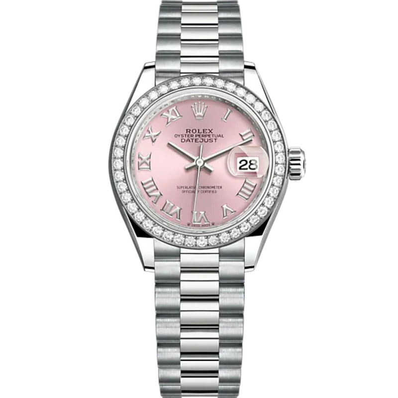 Lady-DateJust 28mm President Bracelet and 18 KT White Gold with Pink Roman Dial and Diamond-Set Bezel - Rolex