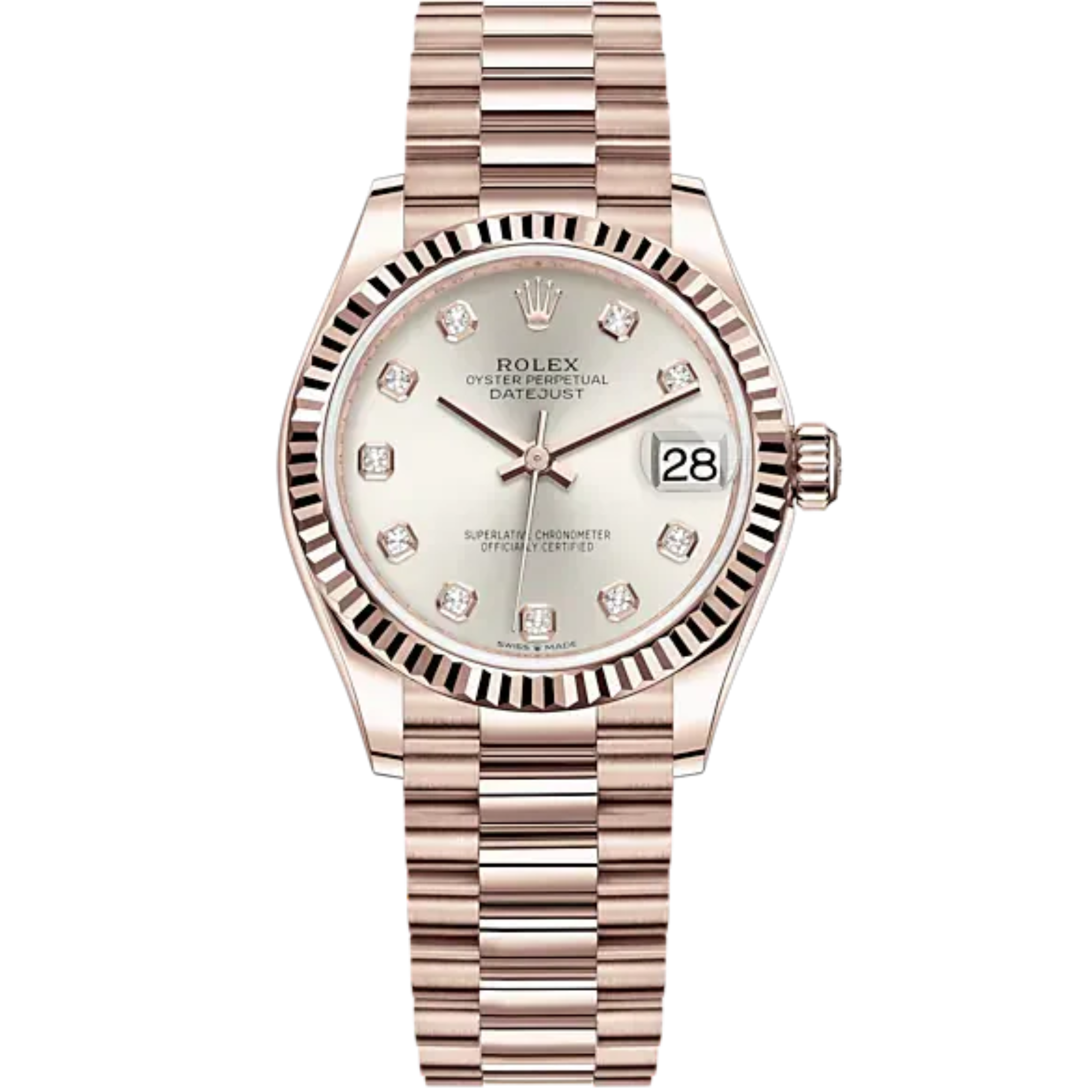 Datejust 31 31mm President Bracelet and 18 CT Everose Gold with Silver Diamond-Set Dial Fluted Bezel - Rolex