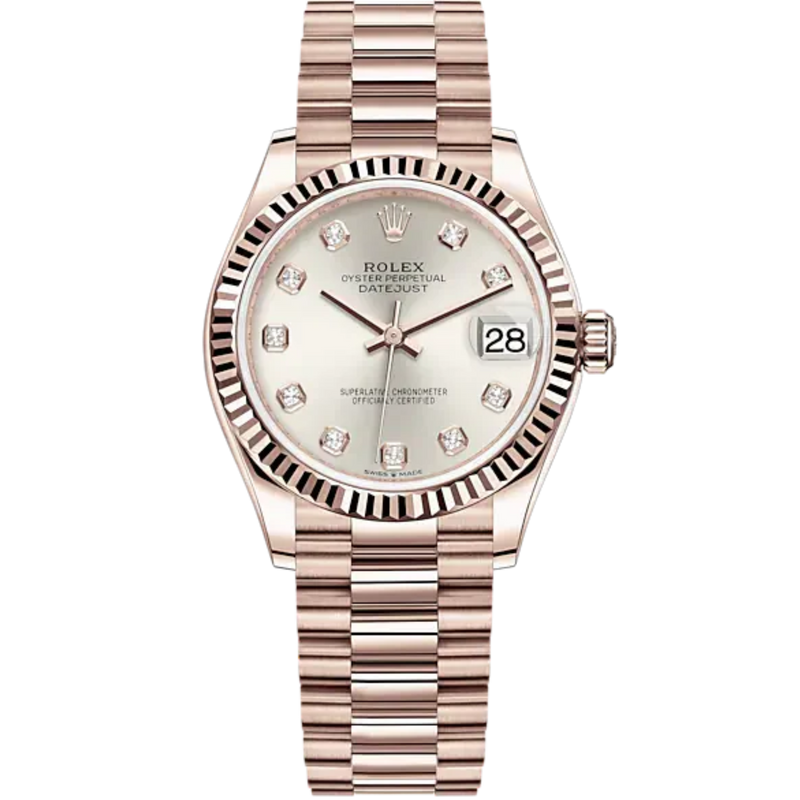Datejust 31 31mm President Bracelet and 18 CT Everose Gold with Silver Diamond-Set Dial Fluted Bezel - Rolex