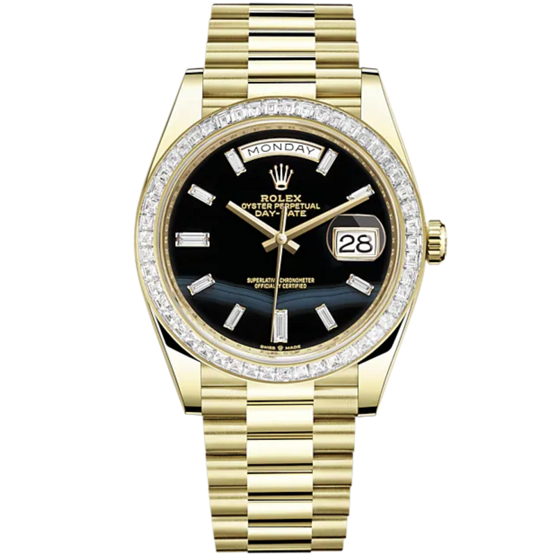 Day-Date 40 40mm President Bracelet and 18 KT Yellow Gold with Onyx Dial Diamond-Set Dial and Diamond-Set Bezel - Rolex