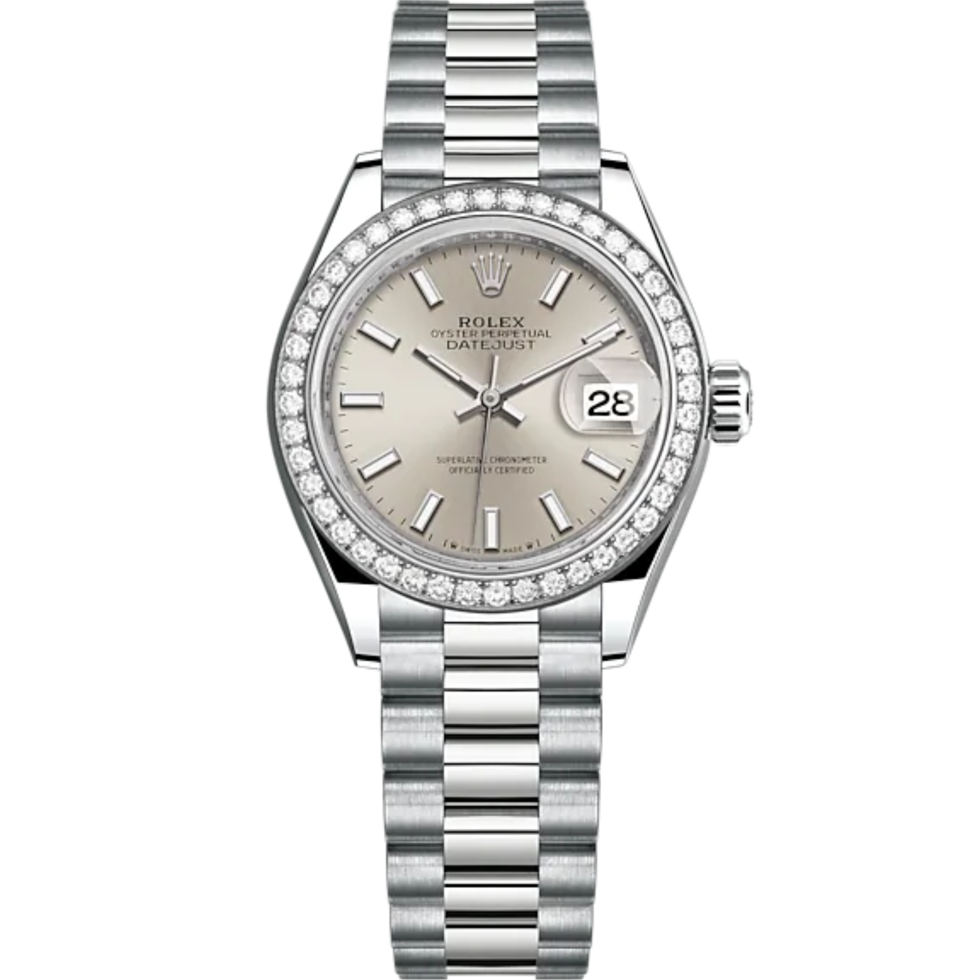 Lady-DateJust 28mm President Bracelet and 18 KT White Gold with Silver Dial and Diamond-Set Bezel - Rolex