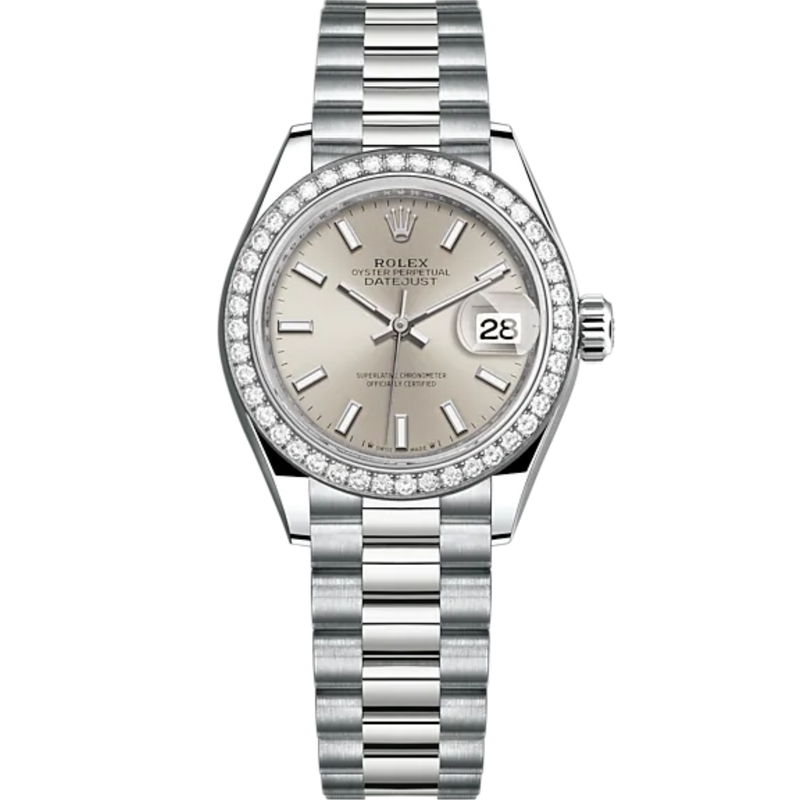 Lady-DateJust 28mm President Bracelet and 18 KT White Gold with Silver Dial and Diamond-Set Bezel - Rolex