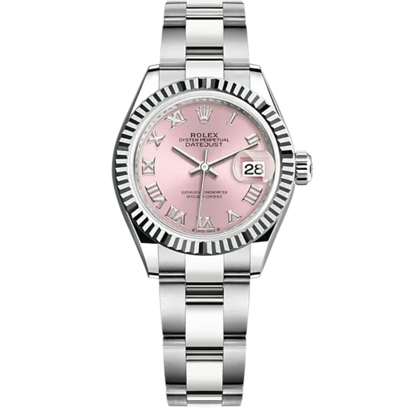 Lady-DateJust 28mm Oyster Oystersteel Bracelet and White Gold with Pink Dial Fluted Bezel - Rolex