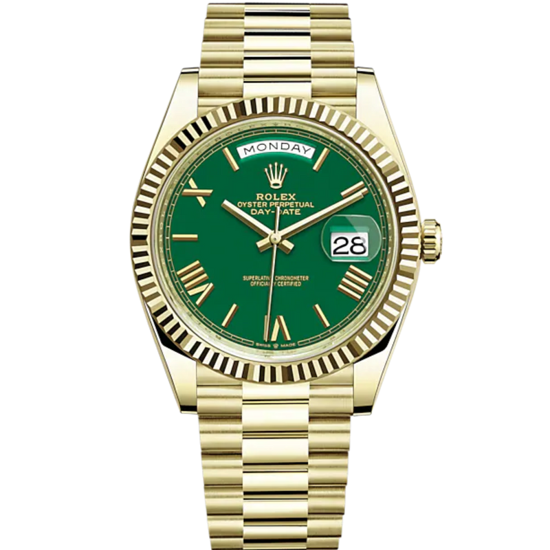 Day-Date 40 40mm President Bracelet and 18 KT Yellow Gold with Green Dial and Fluted Bezel - Rolex