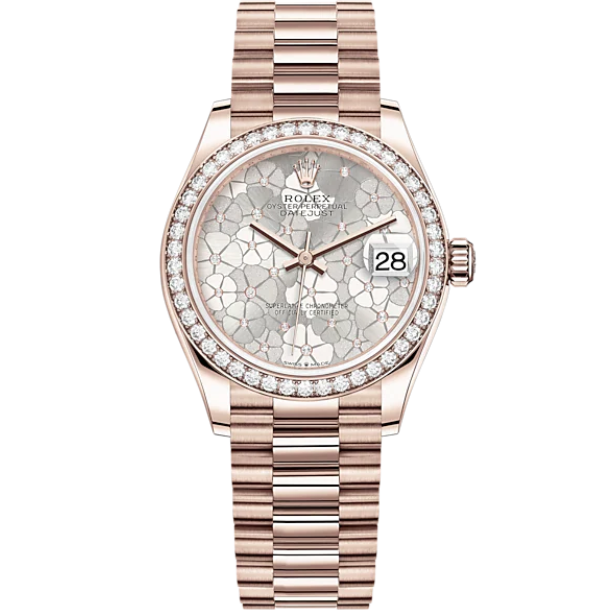 Datejust 31 31mm President Bracelet and 18 CT Everose Gold with Silver Floral-Motif Diamond-Set Dial Diamond-Set Bezel - Rolex