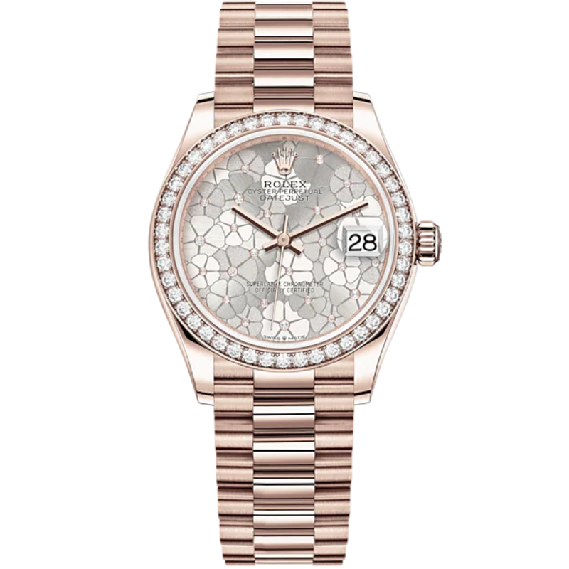 Datejust 31 31mm President Bracelet and 18 CT Everose Gold with Silver Floral-Motif Diamond-Set Dial Diamond-Set Bezel - Rolex