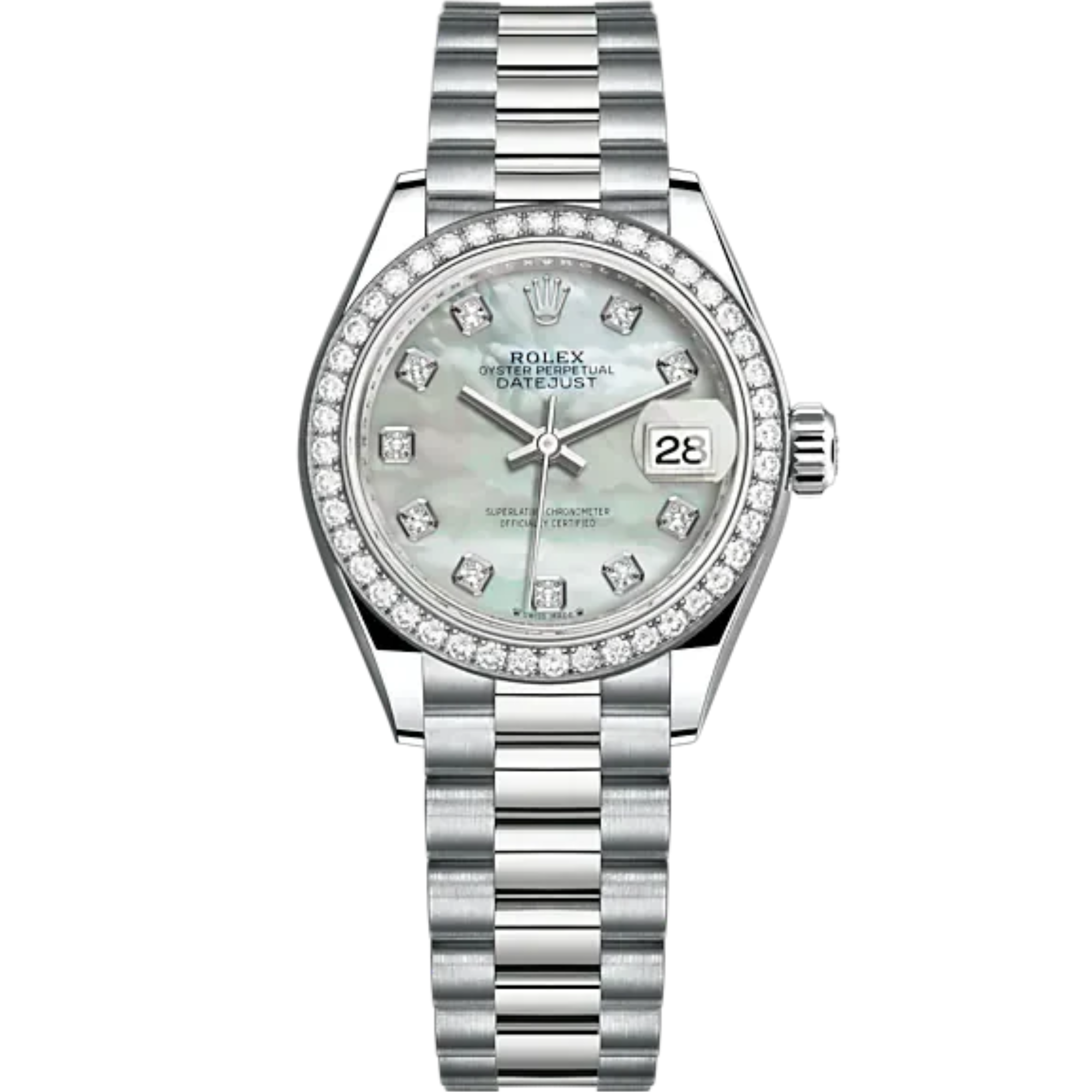 Lady-DateJust 28mm President Bracelet and 18 KT White Gold with White Mother-of Pearl Dial Diamond-Set Dial and Bezel - Rolex