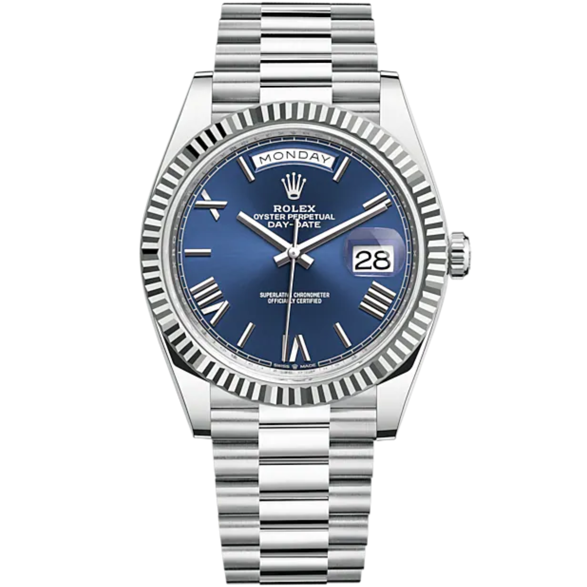 Day-Date 40 40mm President Bracelet and 18 KT White Gold with Bright Blue Dial and Fluted Bezel - Rolex