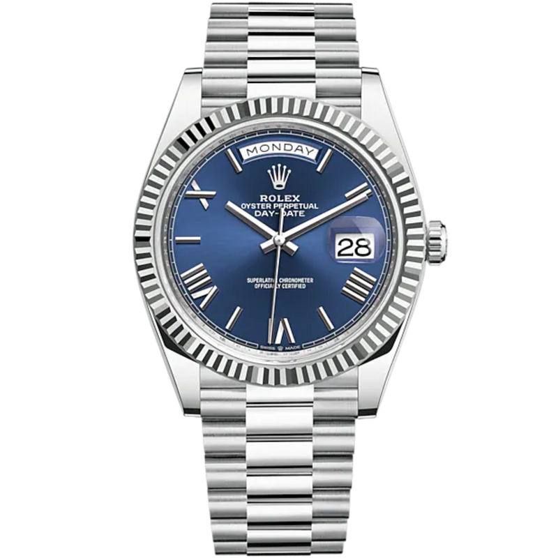 Day-Date 40 40mm President Bracelet and 18 KT White Gold with Bright Blue Dial and Fluted Bezel - Rolex