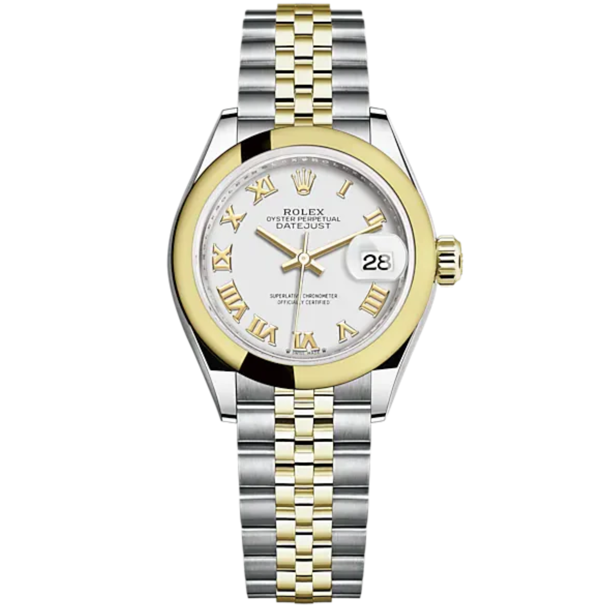Lady-DateJust 28mm Jubilee Oystersteel Bracelet and Yellow Gold with White Dial and Domed Bezel - Rolex