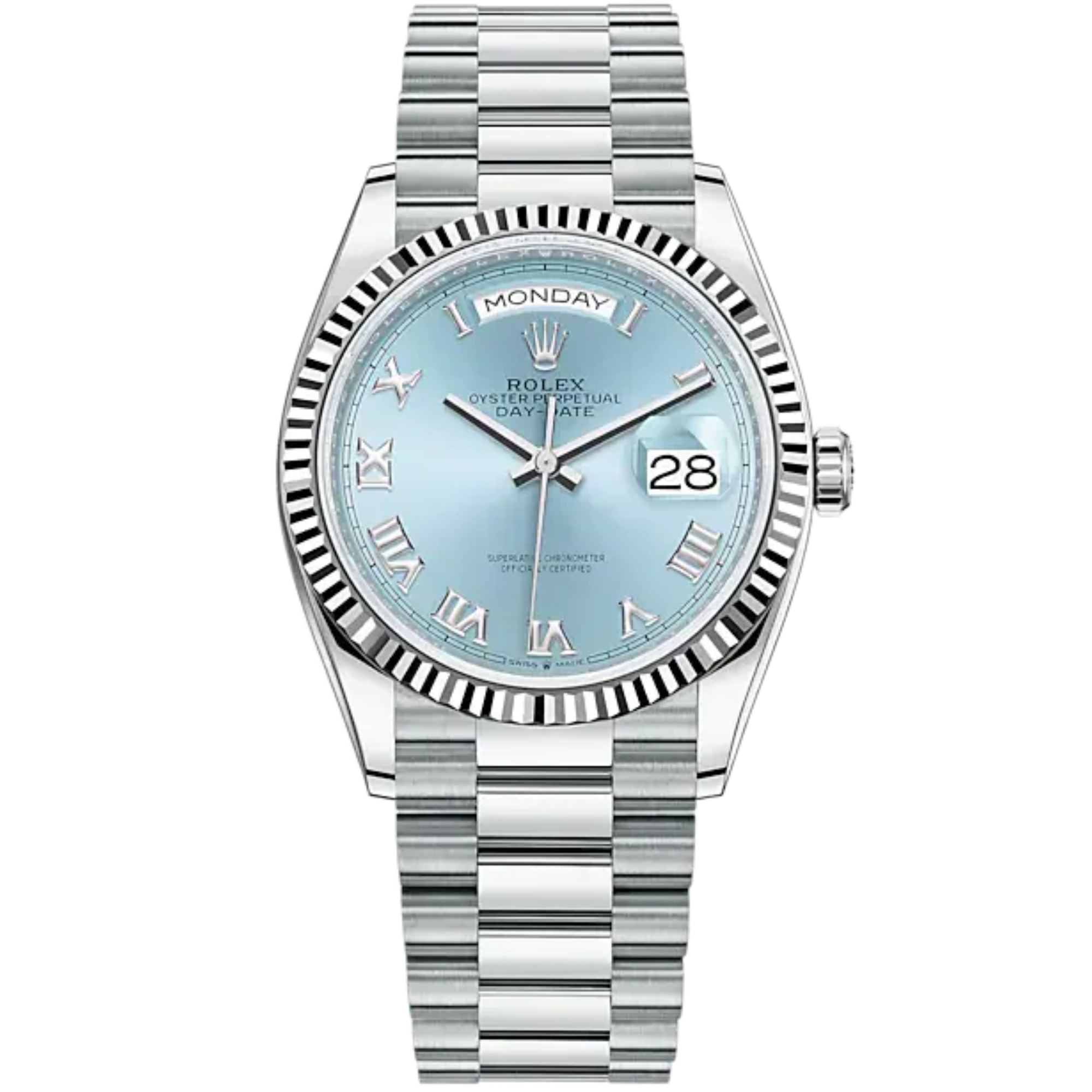 Day-Date 36 36mm President Bracelet and Platinum with Ice-Blue Dial Fluted Bezel - Rolex