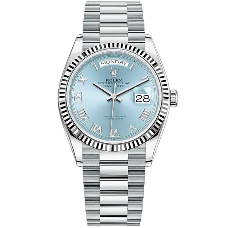 Day-Date 36 36mm President Bracelet and Platinum with Ice-Blue Dial Fluted Bezel - Rolex