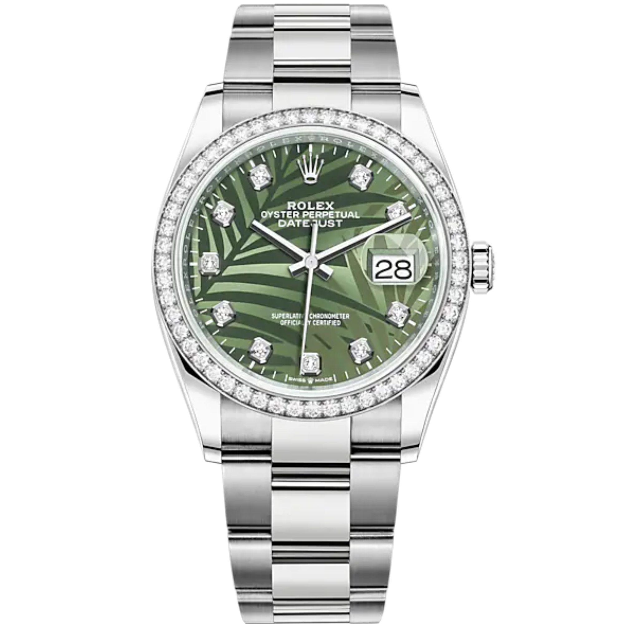 Datejust 36 36mm Oystersteel and White Gold Oyster Bracelet Olive Green Palm-Motif Diamond-set Dial Diamond-set Bezel - Rolex