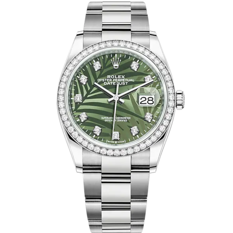 Datejust 36 36mm Oystersteel and White Gold Oyster Bracelet Olive Green Palm-Motif Diamond-set Dial Diamond-set Bezel - Rolex