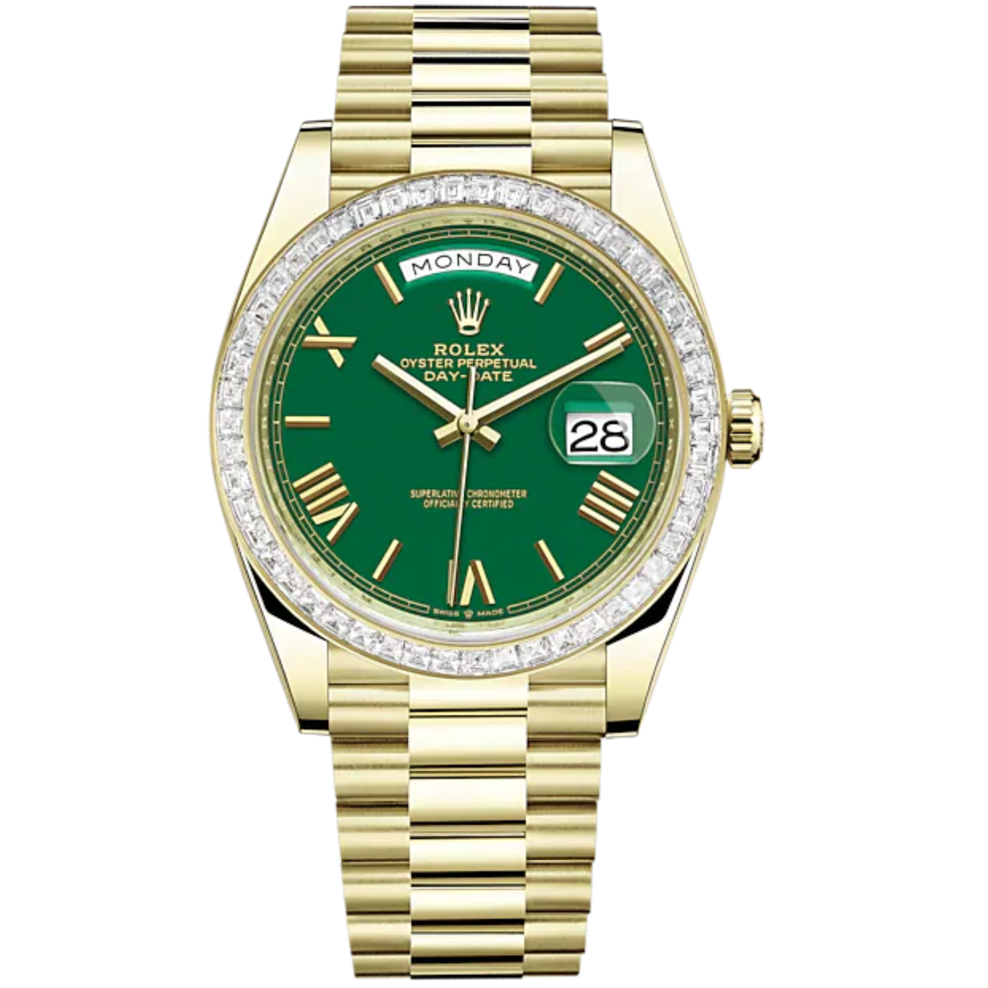 Day-Date 40 40mm President Bracelet and 18 KT Yellow Gold with Green Dial and Diamond-Set Bezel - Rolex