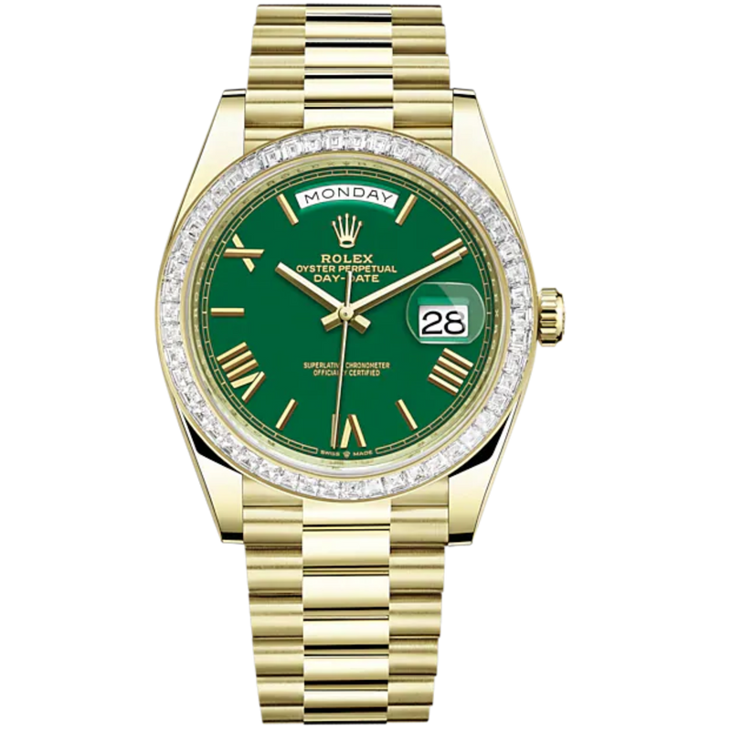 Day-Date 40 40mm President Bracelet and 18 KT Yellow Gold with Green Dial and Diamond-Set Bezel - Rolex