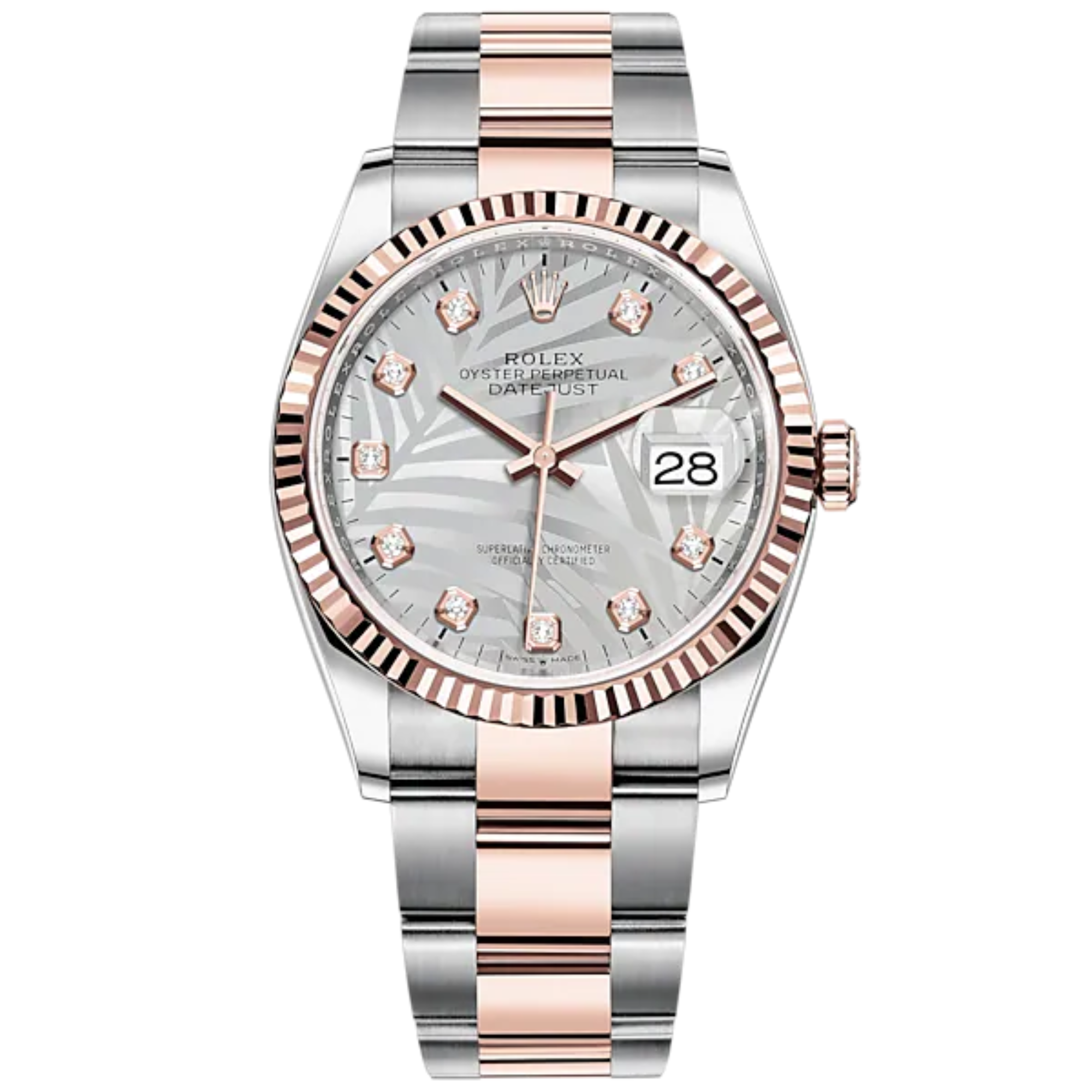 Datejust 36 36mm Oystersteel Everose Gold Oyster Bracelet Silver Palm-Motif Diamond-set Dial Fluted Bezel - Rolex