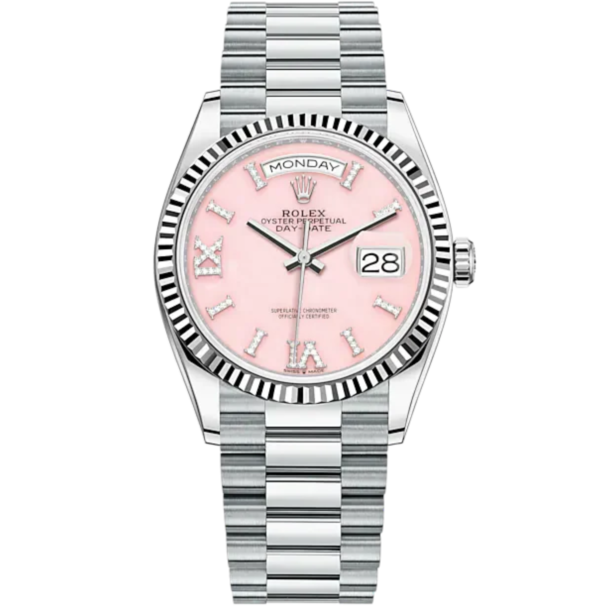Day-Date 36 36mm President Bracelet and Platinum with Pink Opal Dial Diamond-Set Dial Fluted Bezel - Rolex