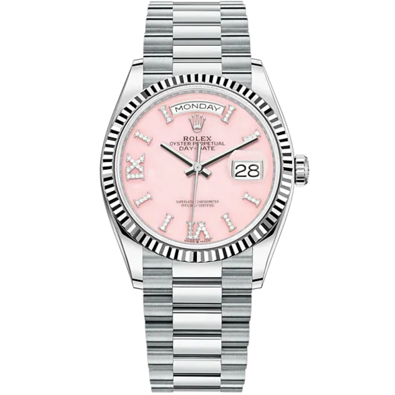 Day-Date 36 36mm President Bracelet and Platinum with Pink Opal Dial Diamond-Set Dial Fluted Bezel - Rolex