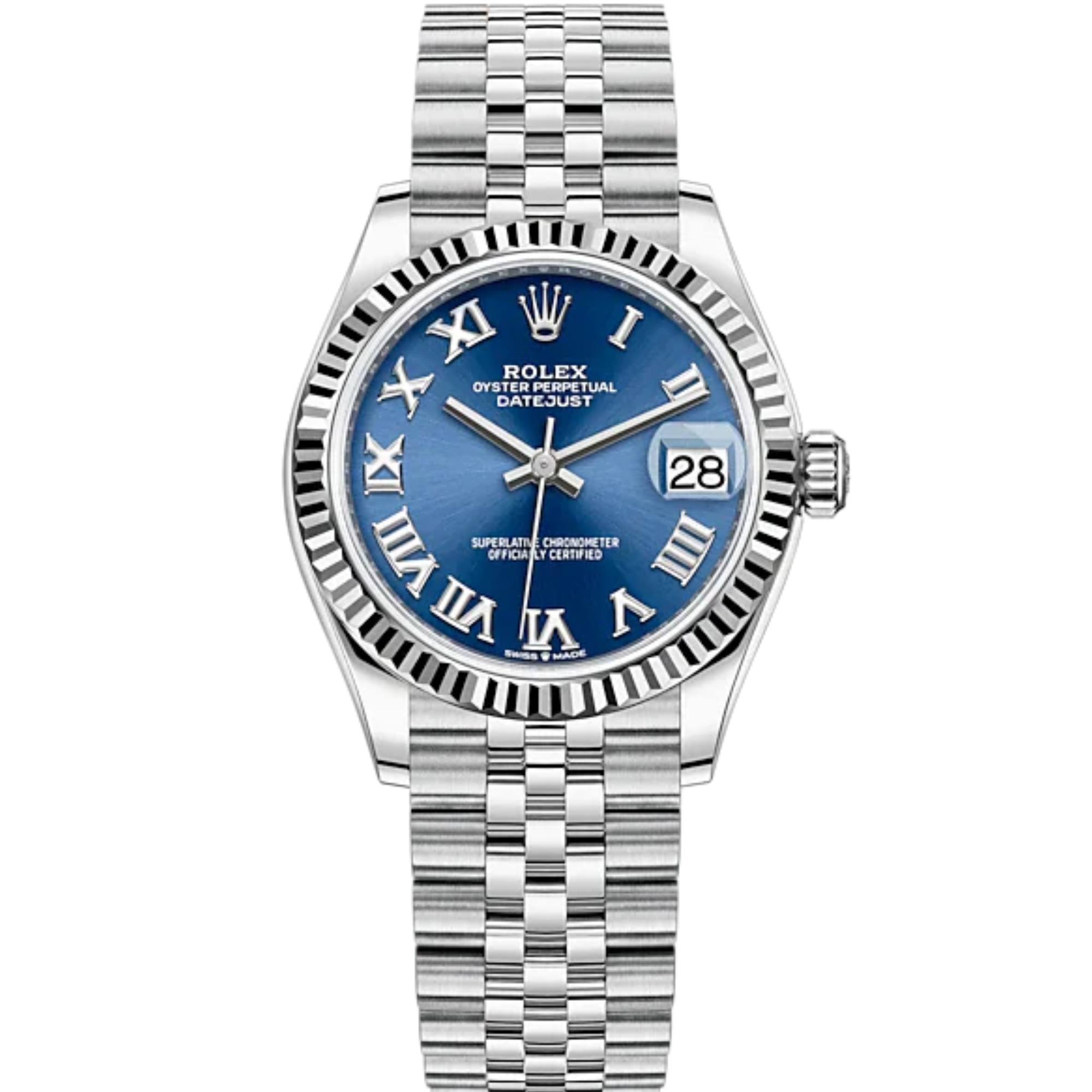 Datejust 31 31mm Jubilee Bracelet Oystersteel and White Gold with Bright Blue Dial Fluted Bezel - Rolex