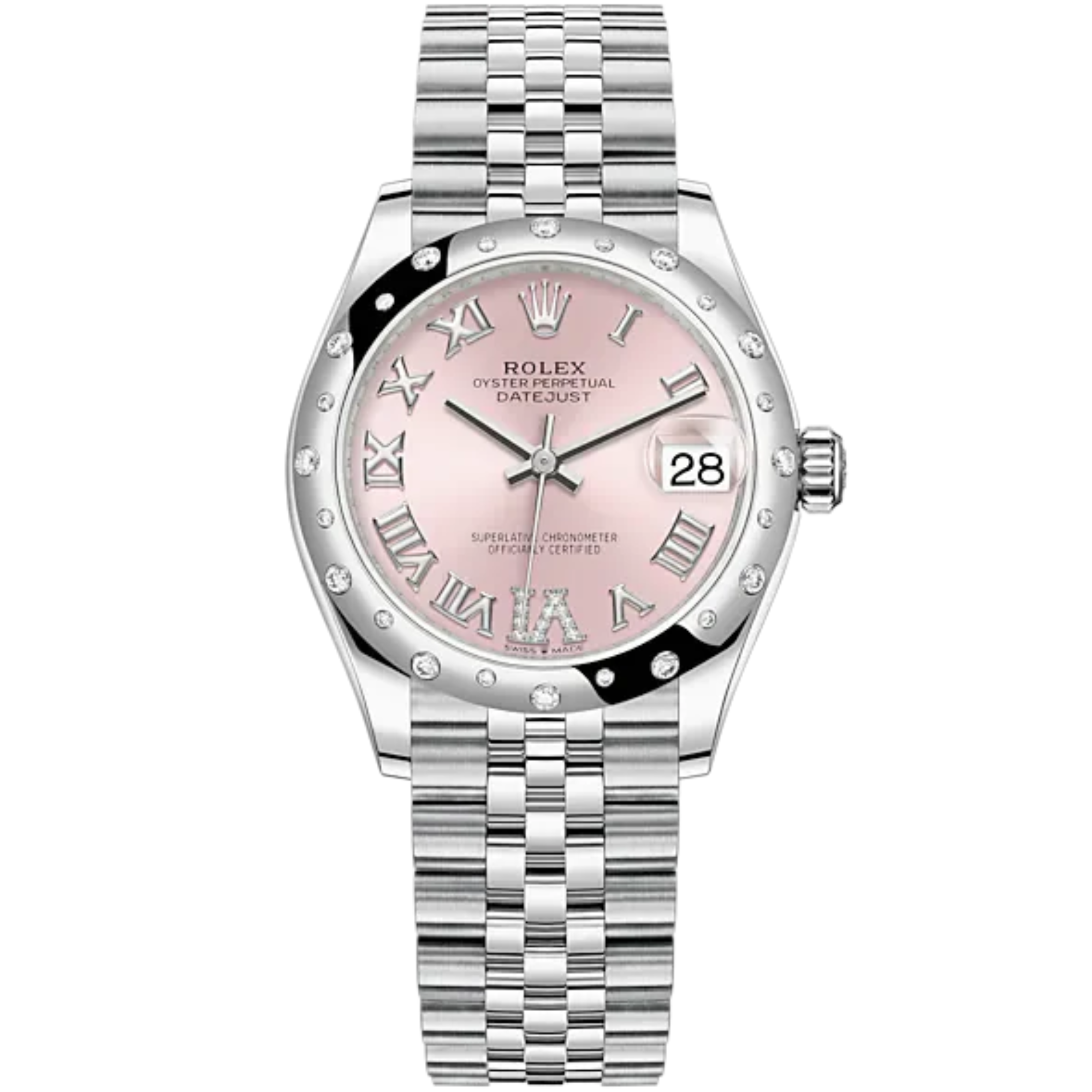 Datejust 31 31mm Jubilee Bracelet Oystersteel and White Gold with Pink Roman Dial Diamond-Set Bezel - Rolex