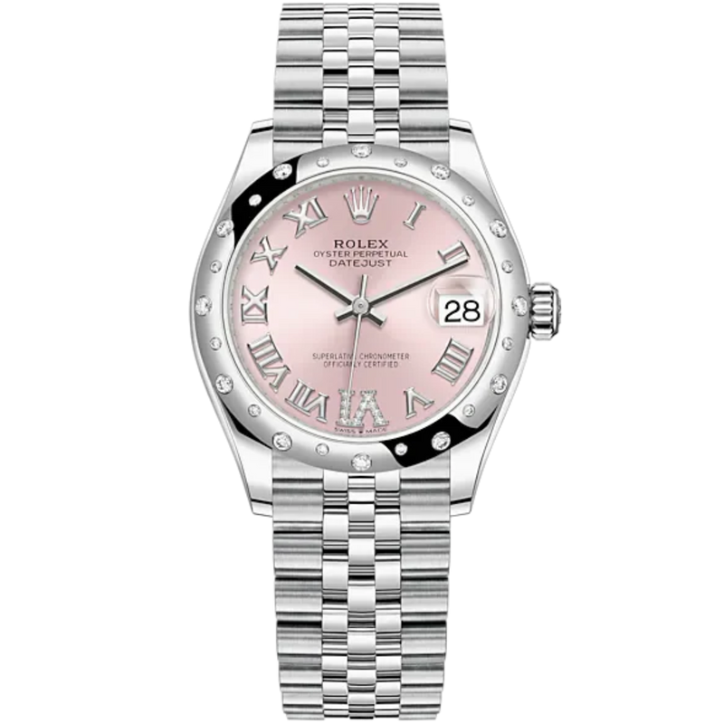 Datejust 31 31mm Jubilee Bracelet Oystersteel and White Gold with Pink Roman Dial Diamond-Set Bezel - Rolex
