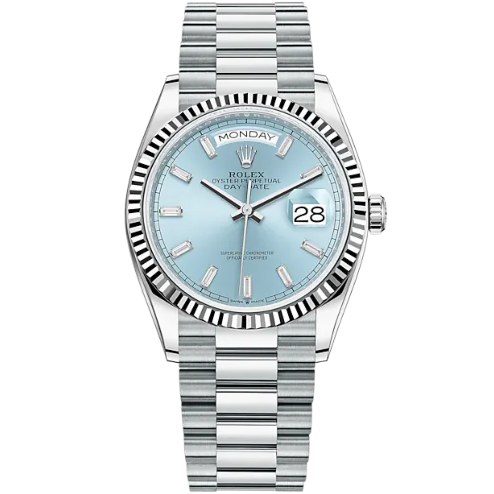 Day-Date 36 36mm President Bracelet and Platinum with Ice-Blue Dial Diamond-Set Bezel Fluted Bezel - Rolex
