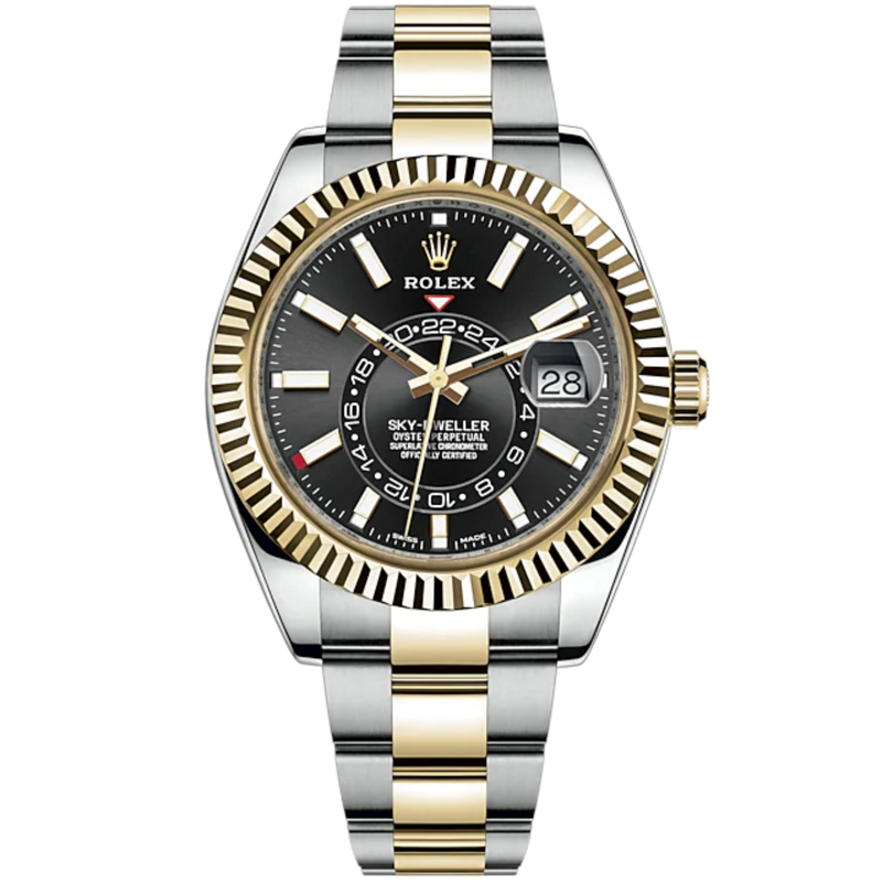 Sky-Dweller 42mm Oyster Bracelet Oystersteel and Yellow Gold with Bright Black Dial Fluted Bezel - Rolex