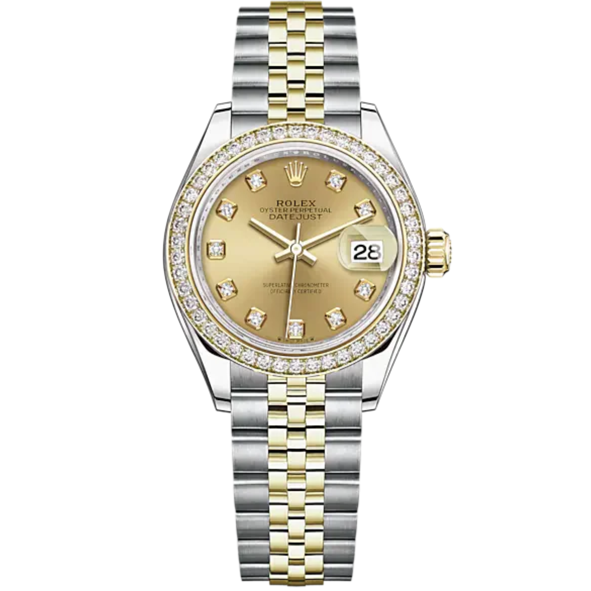 Lady-DateJust 28mm Oystersteel Jubilee Bracelet and Yellow Gold with Champagne-Colour Dial Diamond-Set Dial and Diamond-Set Bezel - Rolex