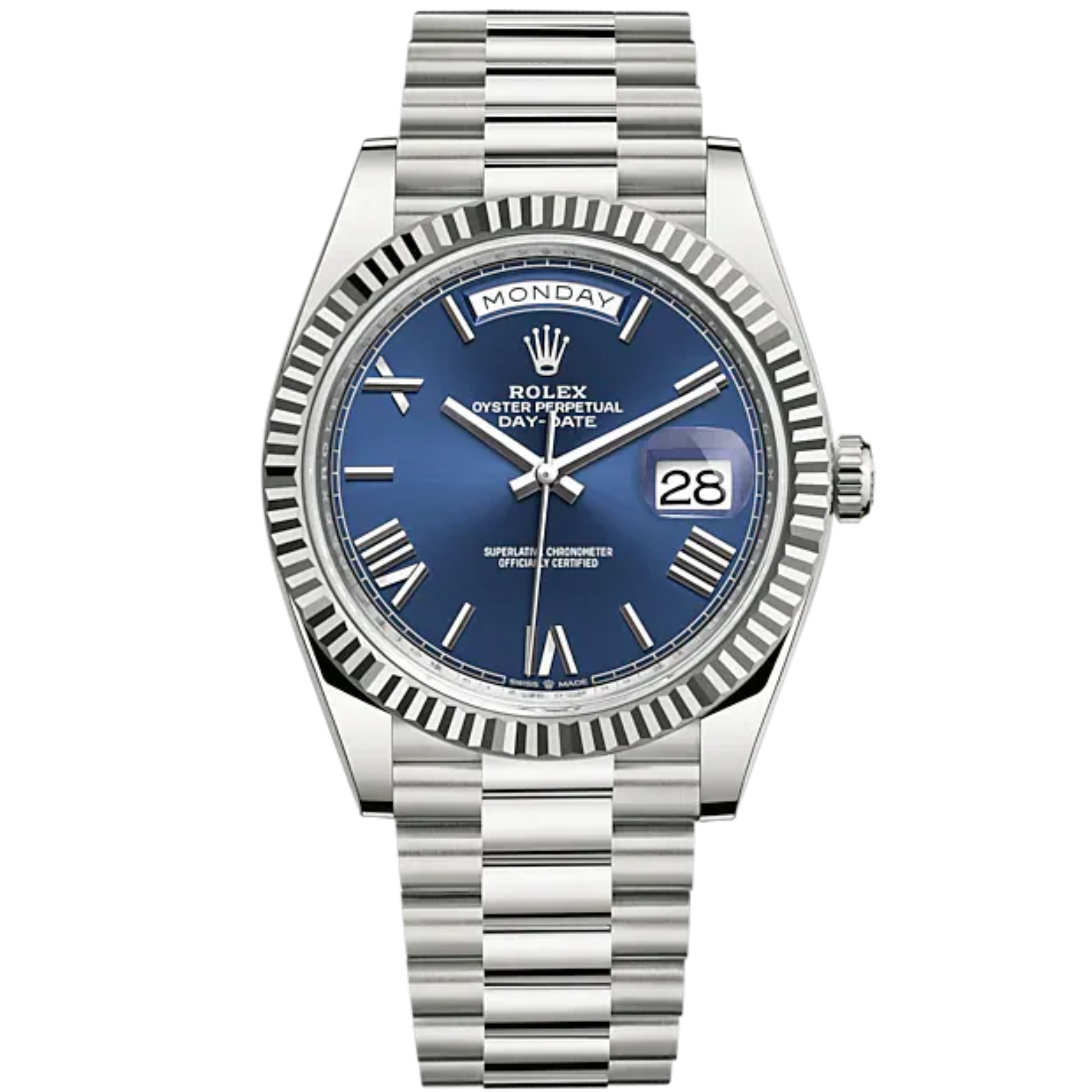 Day-Date 40 40mm President Bracelet and 18 KT White Gold with Bright Blue Dial Fluted Bezel - Rolex
