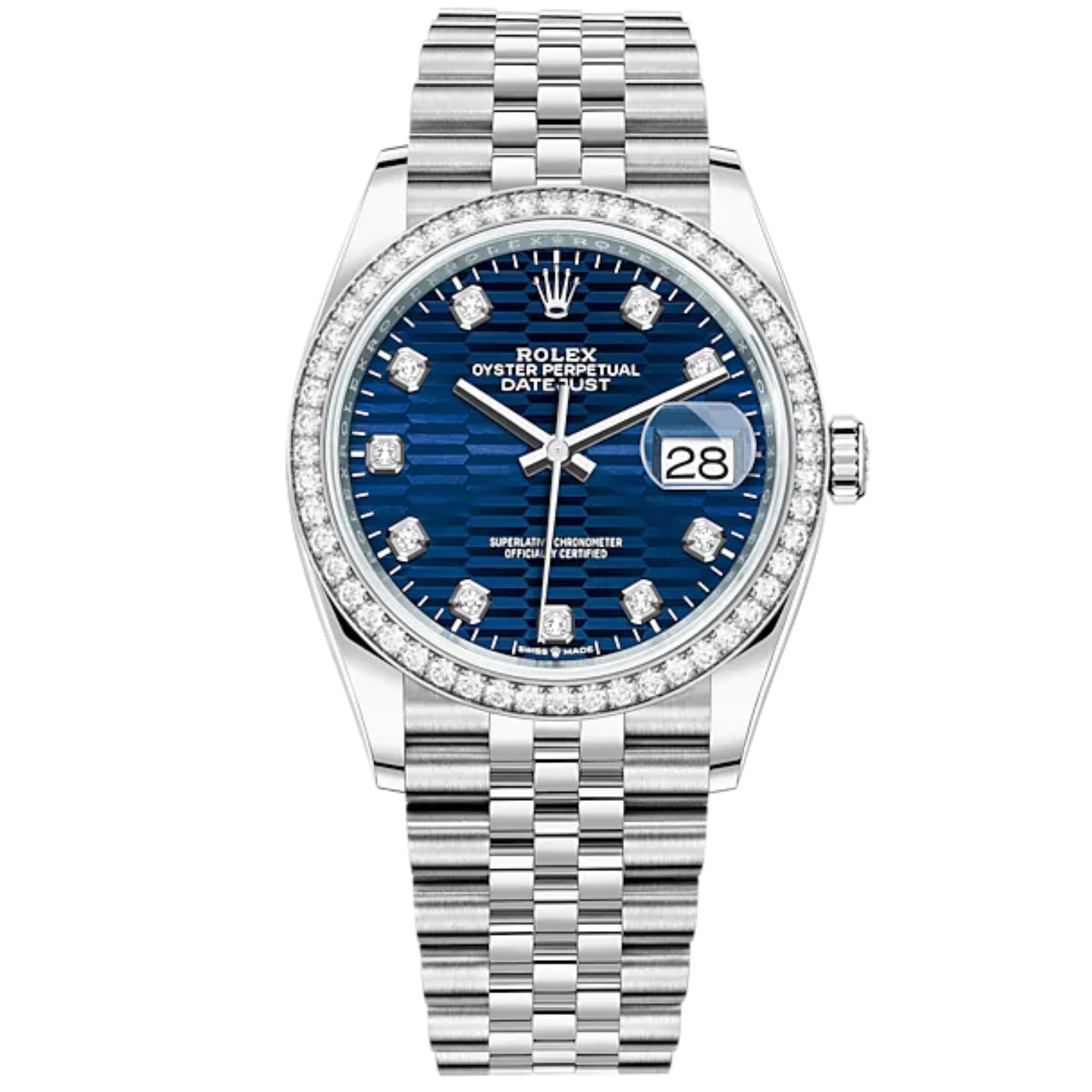 Datejust 36 36mm Oystersteel and White Gold Jubilee Bracelet Bright Blue Fluted-Motif Diamond-set Dial Diamond-set Bezel - Rolex