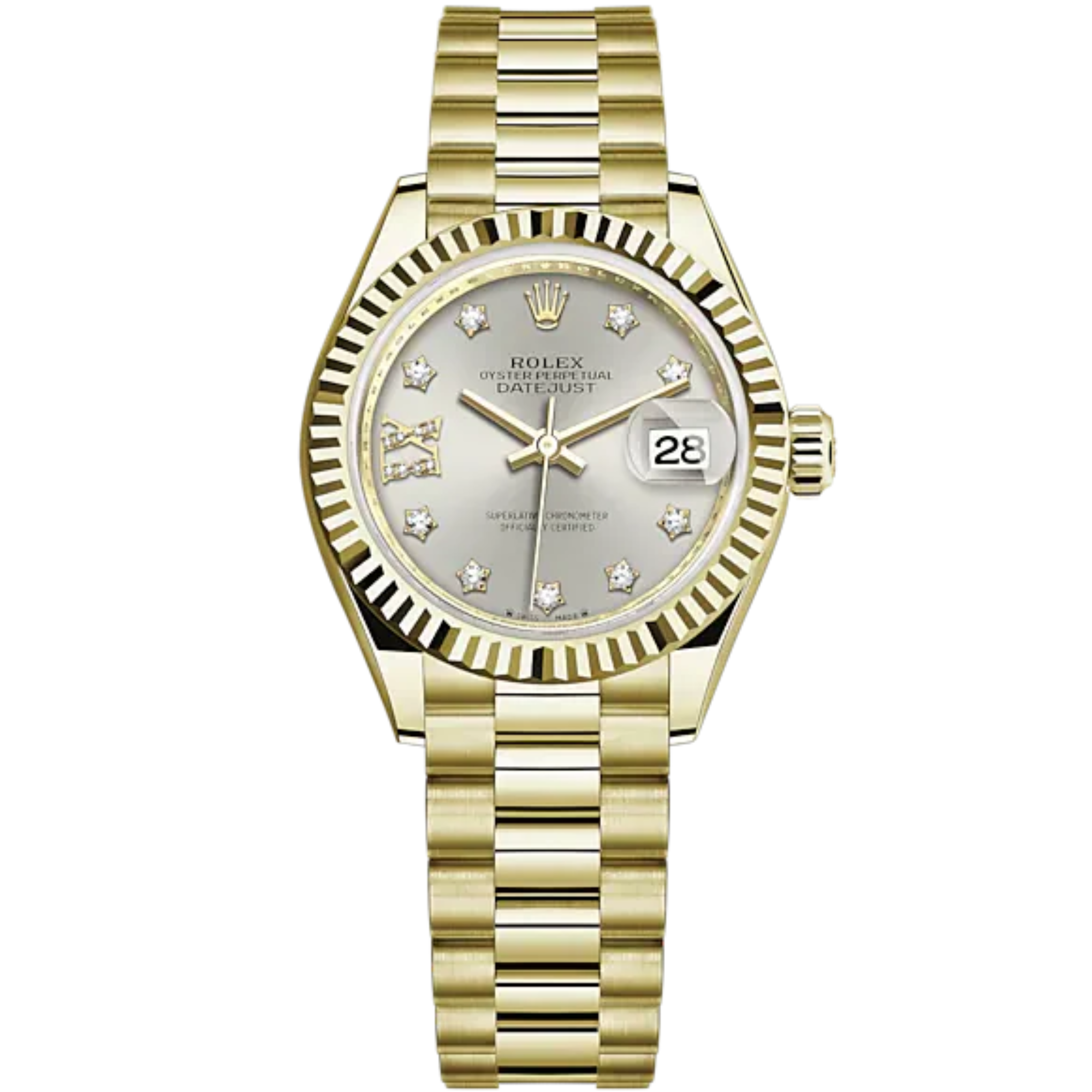 Lady-DateJust 28mm President Bracelet and 18 KT Yellow Gold with Silver Dial Diamond-Set Dial and Fluted Bezel - Rolex