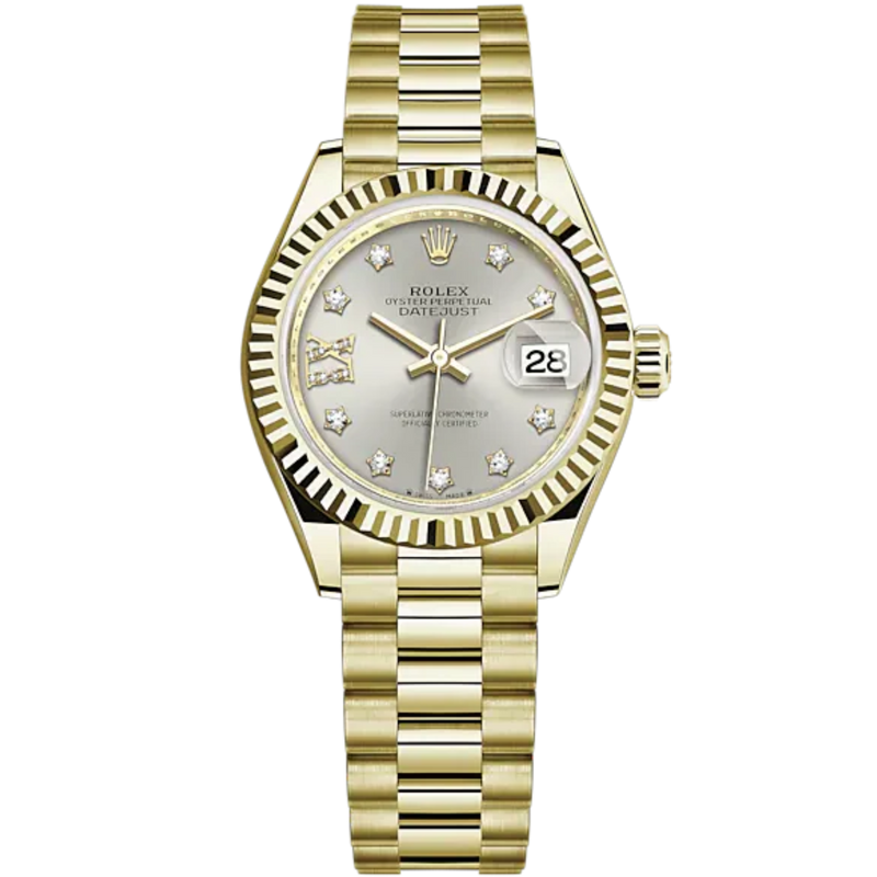 Lady-DateJust 28mm President Bracelet and 18 KT Yellow Gold with Silver Dial Diamond-Set Dial and Fluted Bezel - Rolex