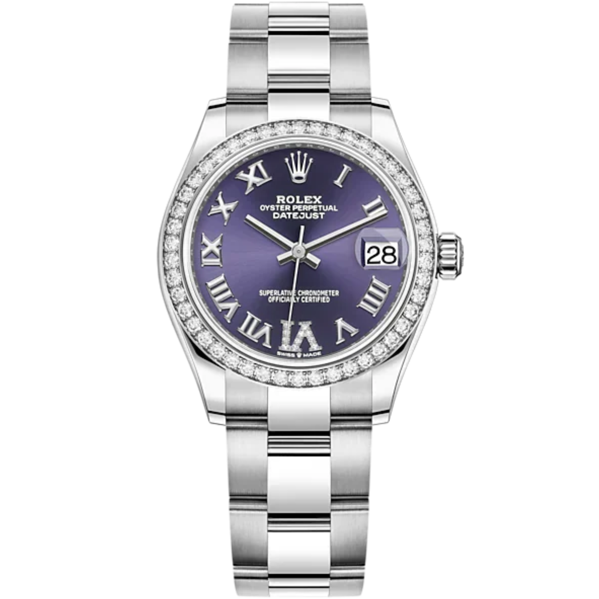 Datejust 31 31mm Oyster Bracelet Oystersteel and White Gold with Aubergine Dial Diamond-Set Bezel - Rolex