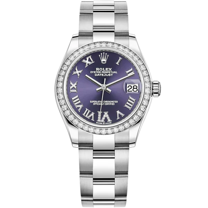Datejust 31 31mm Oyster Bracelet Oystersteel and White Gold with Aubergine Dial Diamond-Set Bezel - Rolex