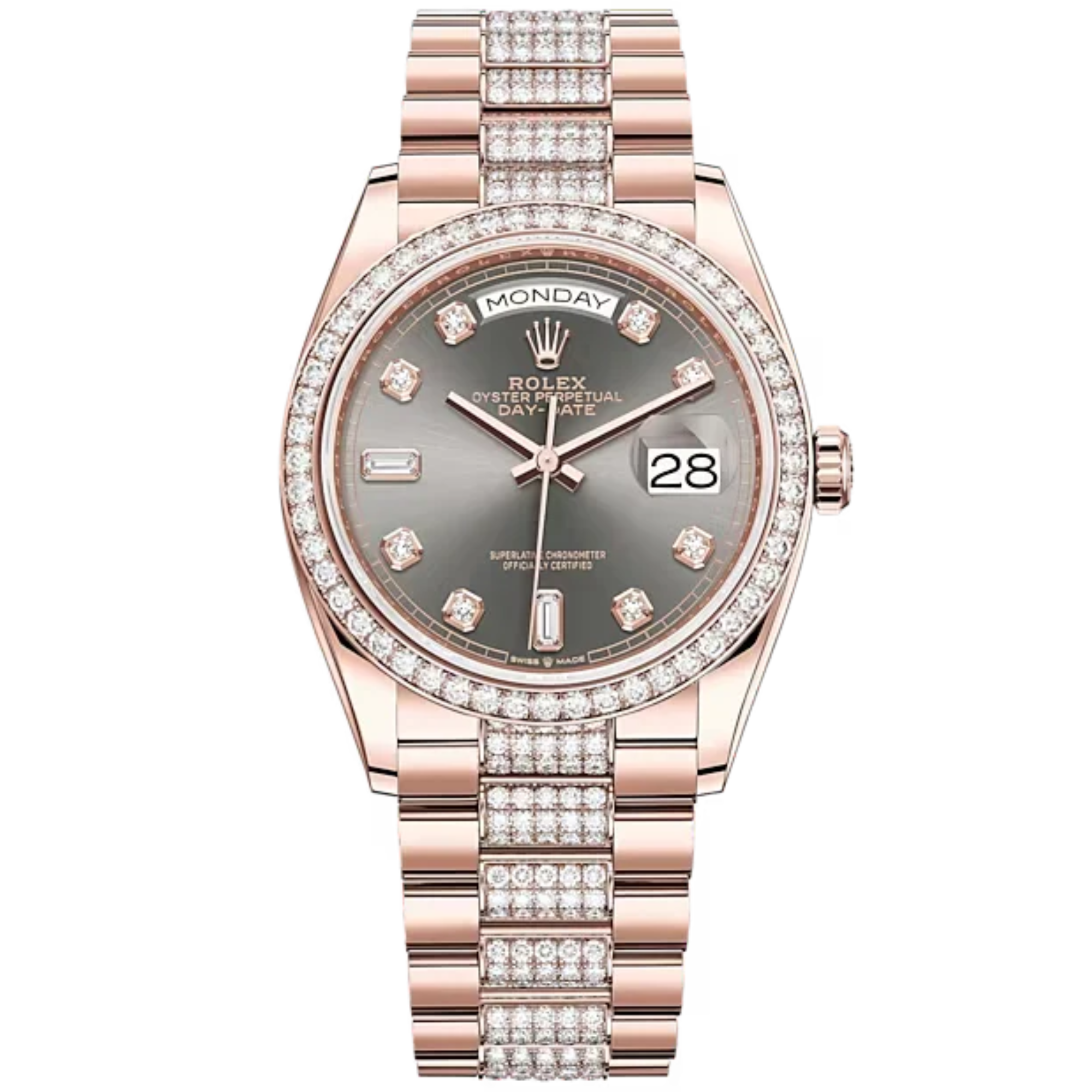 Day-Date 36 36mm Diamond-Set President Bracelet and 18 KT Everose Gold with Slate Dial Diamond-Set Dial Diamond-Set Bezel - Rolex