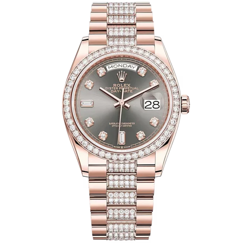 Day-Date 36 36mm Diamond-Set President Bracelet and 18 KT Everose Gold with Slate Dial Diamond-Set Dial Diamond-Set Bezel - Rolex